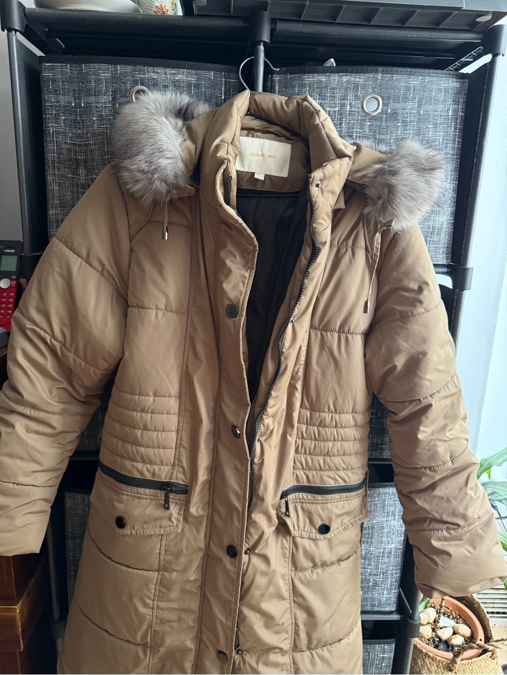 Golden Leaf Long Tan Puffer Coat with Faux Fur-Trimmed Hood